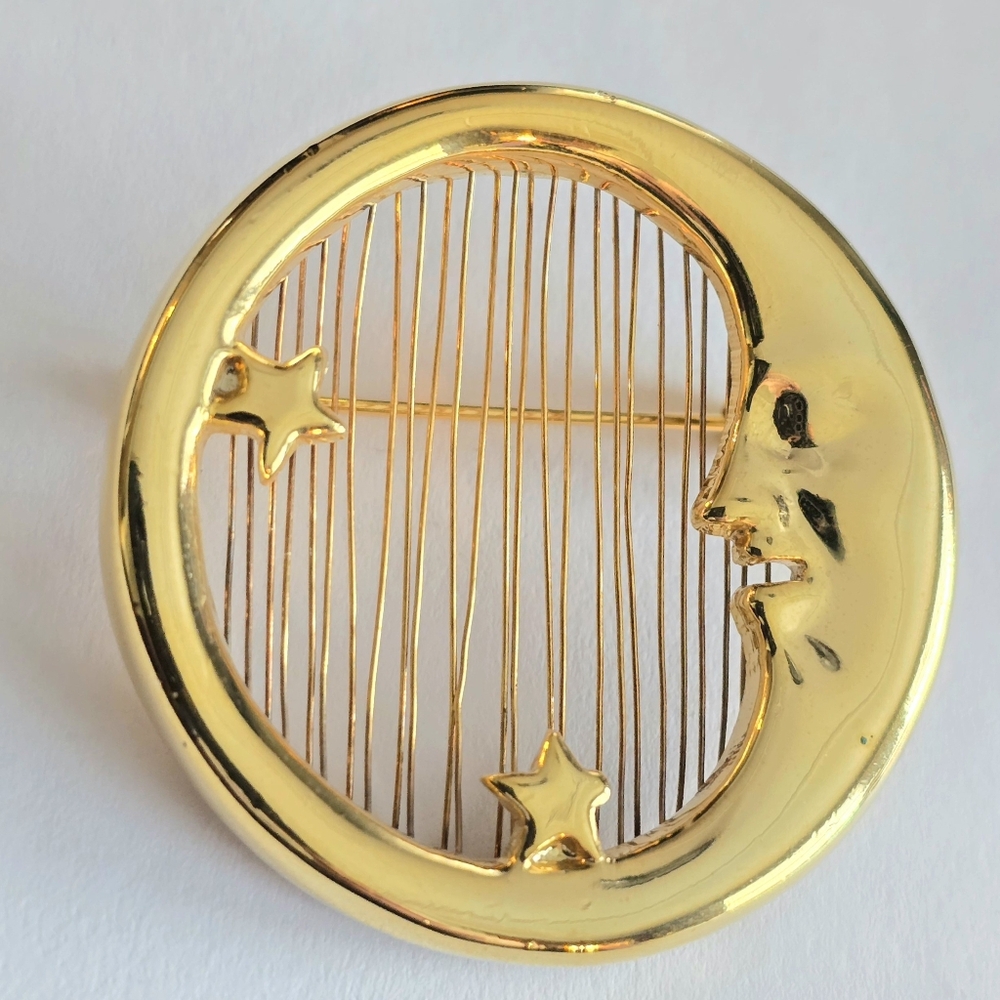 Vintage moon and stars brooch pin gold tone M Jent celestial whimsigoth